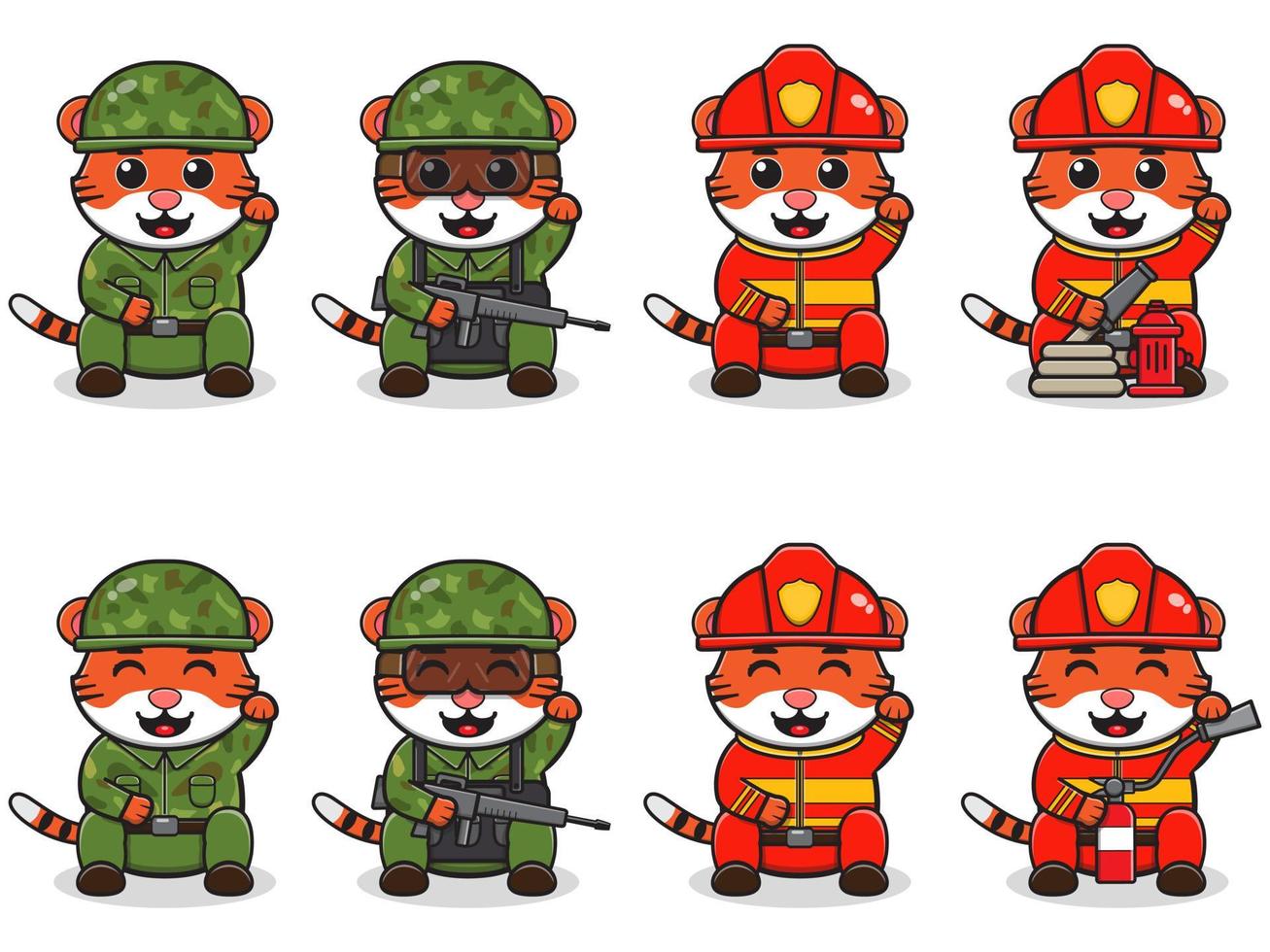 vektor illustration av söt tecknad tiger med lycklig katt poserar soldat och brandman kostym