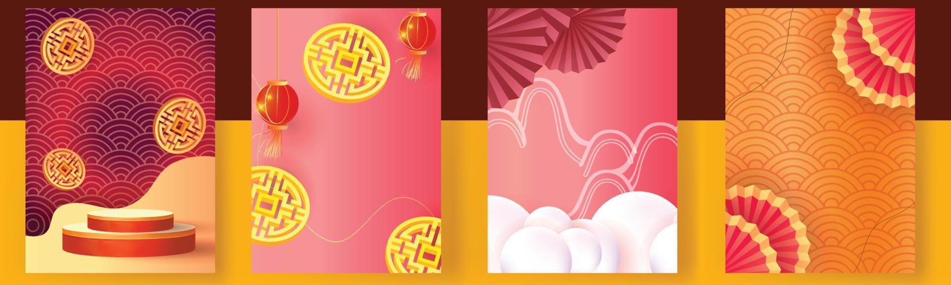 kinesiska nyåret set bakgrunder guld röd vektor podium design grafiskt mönster moderna mall kort