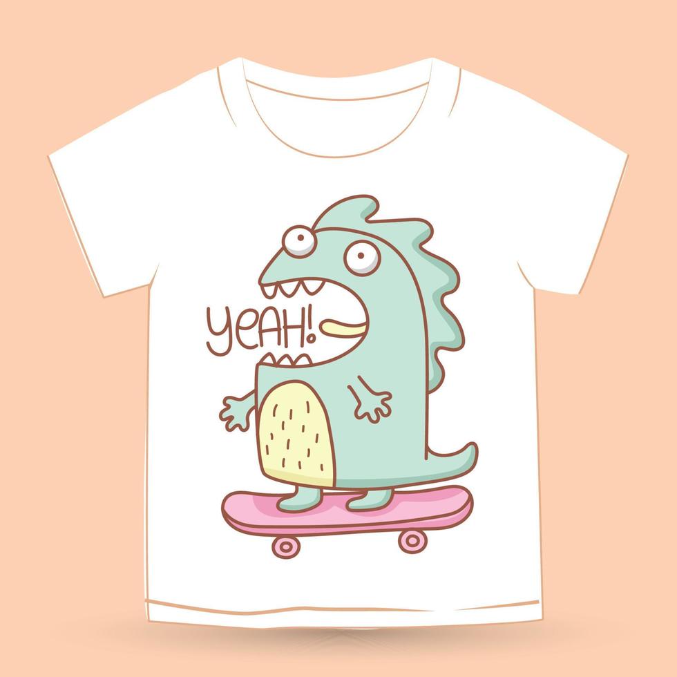 süßes handgezeichnetes monster auf skateboard für t-shirt vektor