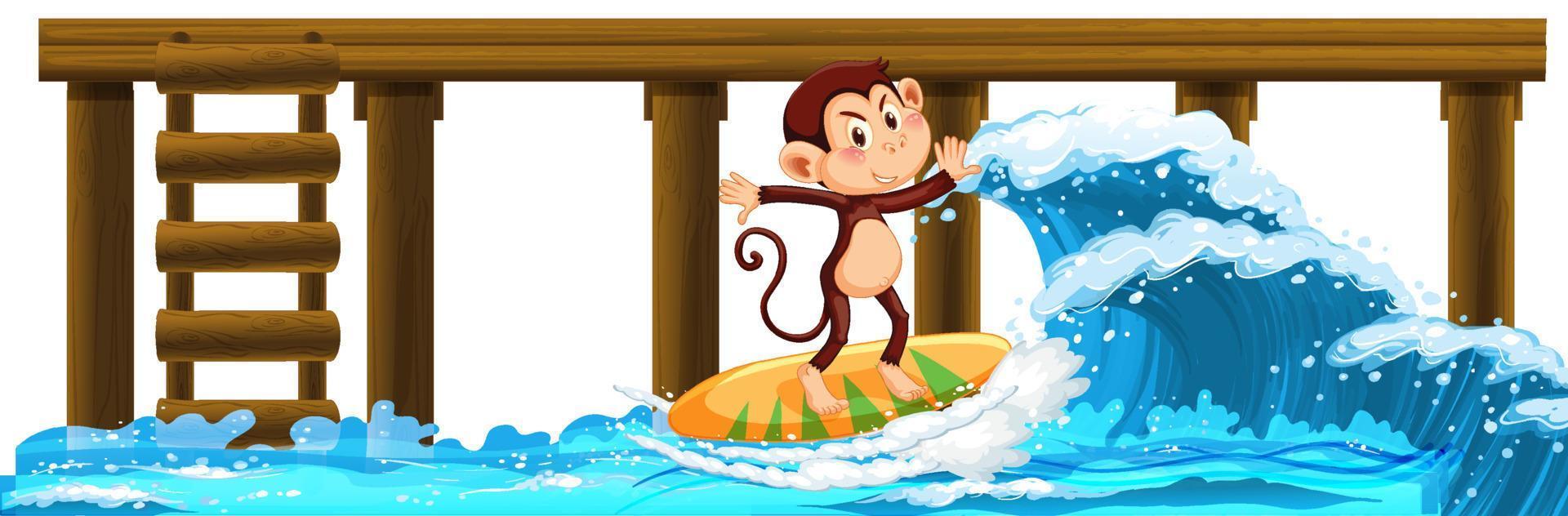 Affe auf Surfbrett mit Wasserwellen vektor