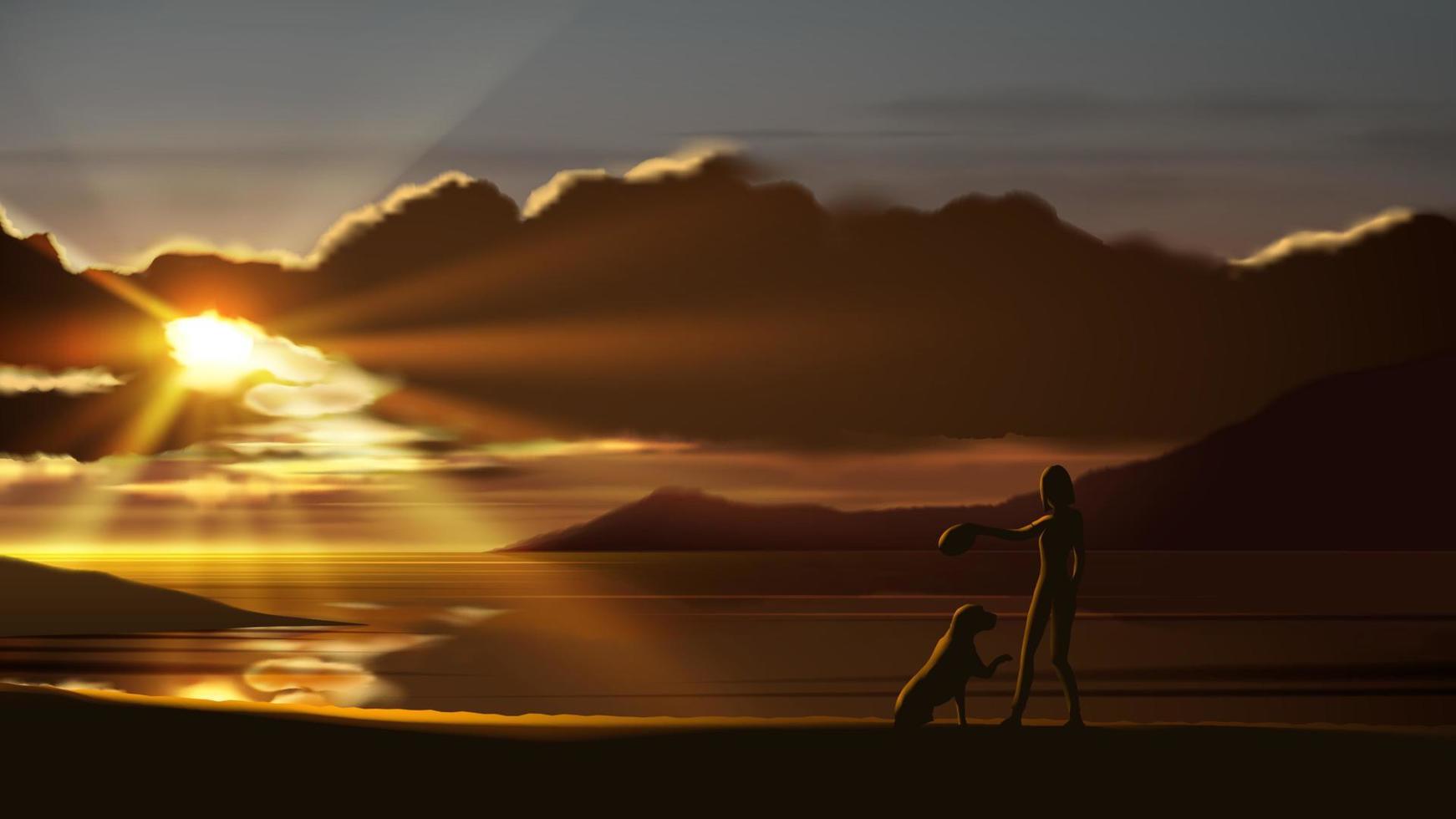eine frau spielt mit ihrem geliebten hund am meer bei einem wunderschönen sonnenuntergang. vektor