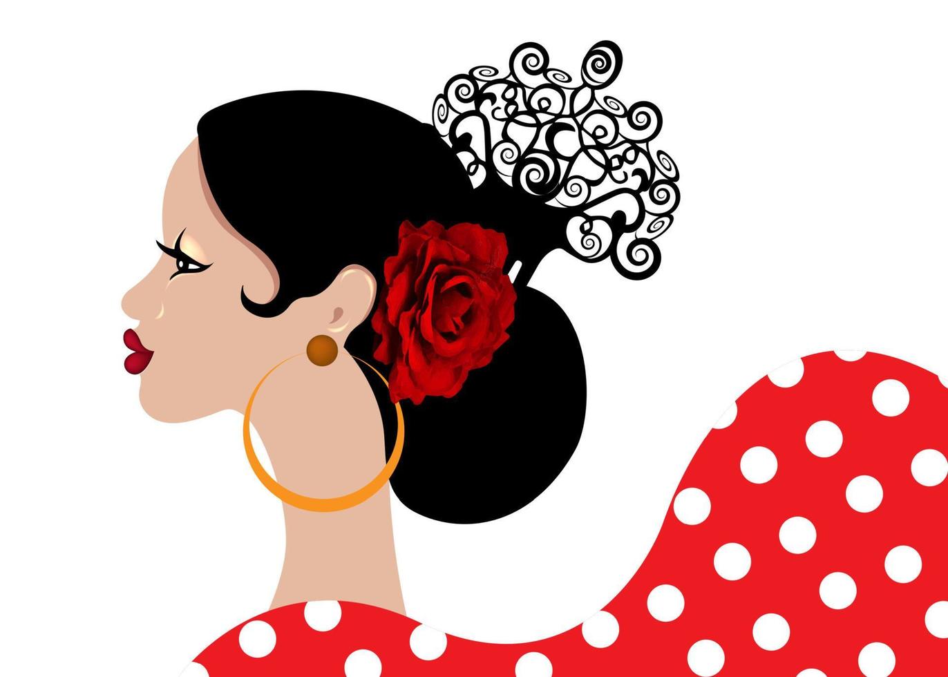 schönes Porträt spanisch-lateinische Frau, Frisuren für Flamenco-Mädchen mit Folk-Accessoires Peineta, rote Rosenblume und Ohrringe, gepunktetes Kleid, Vektor einzeln auf weißem Hintergrund