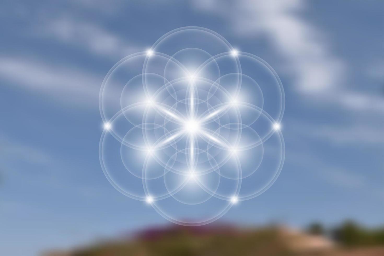 Samen des Lebens, spirituelle heilige Geometrie, Blume des Lebens, Lotus-Licht-Logo-Symbol für Harmonie und Gleichgewicht, leuchtende geometrische Ornamente, Yoga, Entspannung, Vektor isoliert auf verschwommenem natürlichem Himmelshintergrund