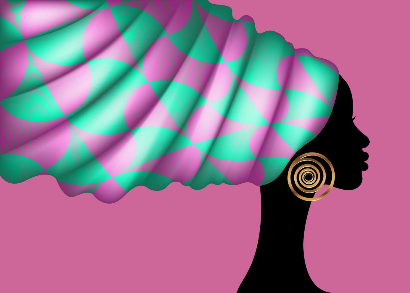 Turban-Kopfwickel mit afrikanischem Druck, Porträtschönheitsfrau in Afro-Frisuren, Logo-Design schwarzes Frauen-Haarkleid, Vektor-Afrika-Ethno-Vorlage isoliert auf rosa Hintergrund vektor