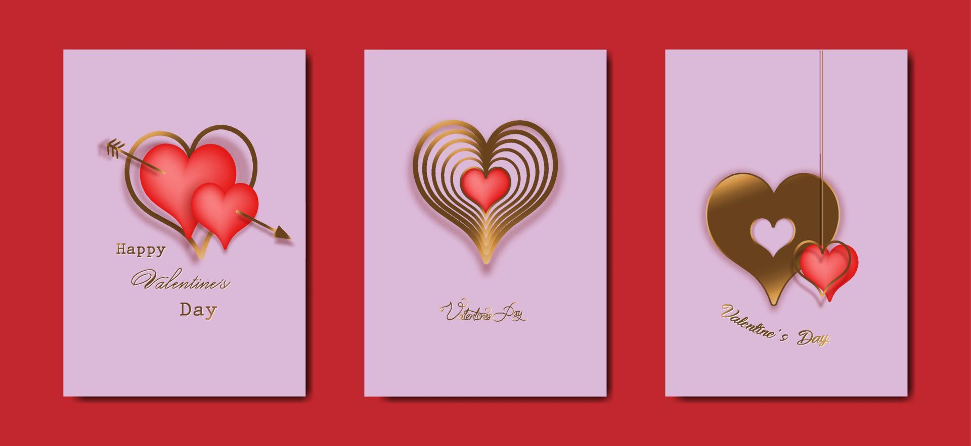 glücklicher valentinstag-vektor-set-grußkarte. Gold und rote Herzen auf rosa Hintergrund. goldenes feiertagsplakat mit text, juwelen. konzept für valentinstagbanner, flyer, partyeinladung, geschenkladenkarten vektor