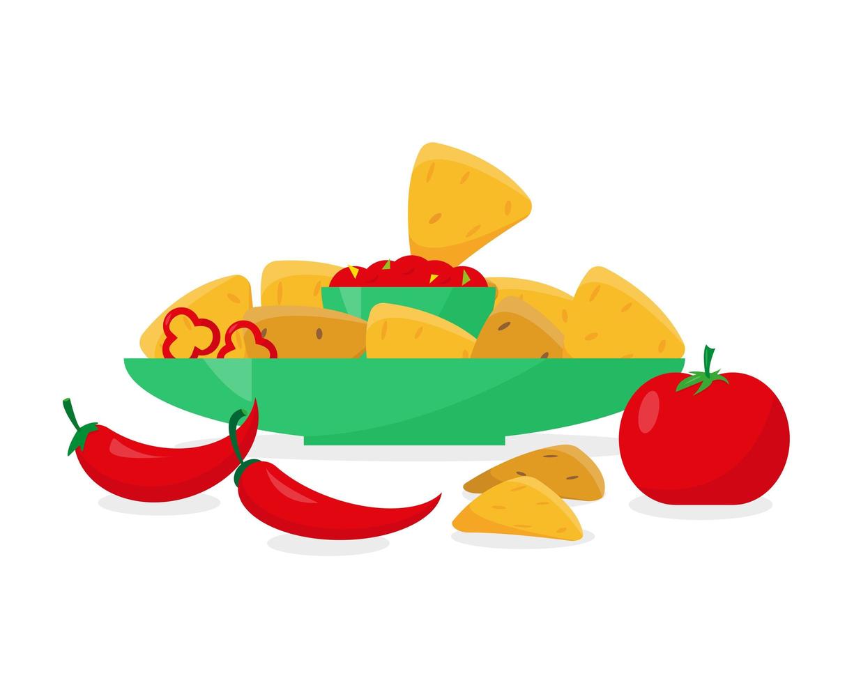 nachos på tallrik med tomat- eller pepparsås vektor
