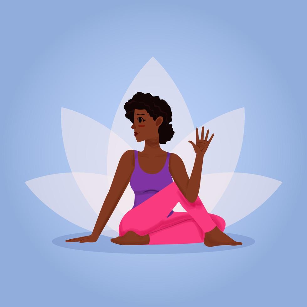 dunkle Haut junges Mädchen trainiert Yoga Asana Bhadrasana für Wellness auf dem Boden sitzend mit Lotoshintergrund vektor