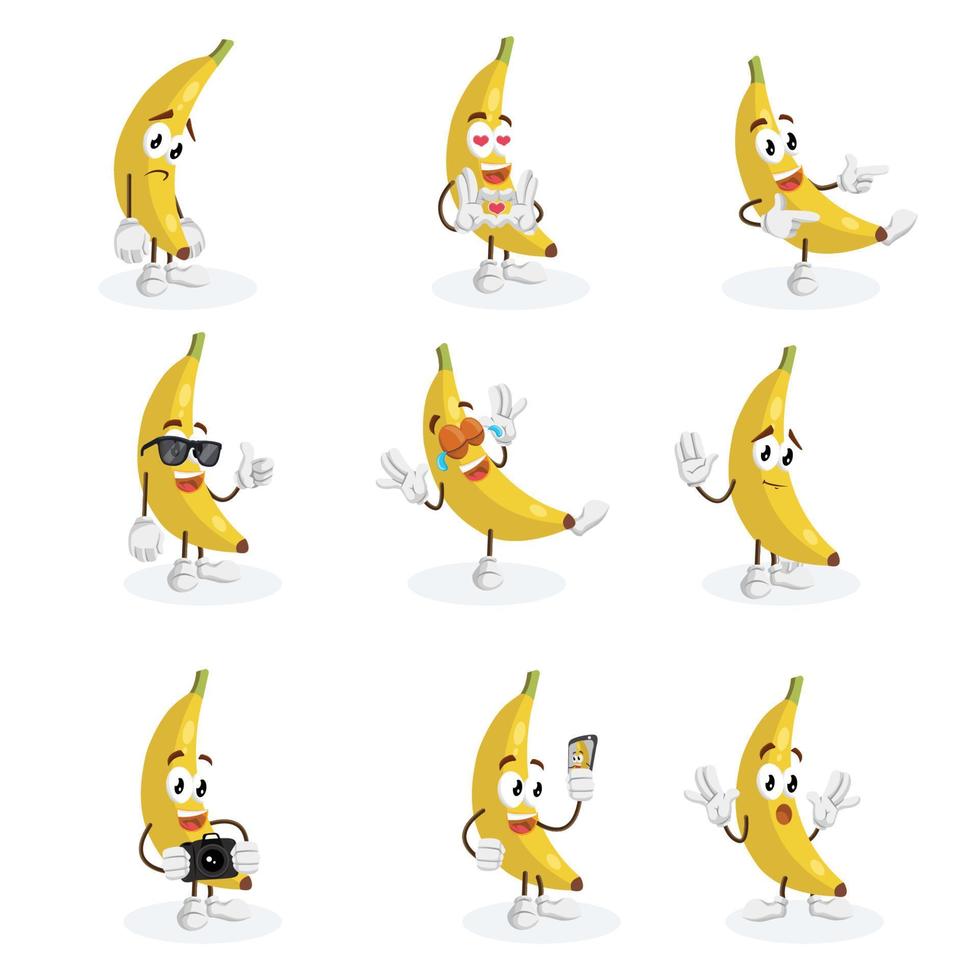 banan karaktär tecknad illustration maskot set bunt vektor