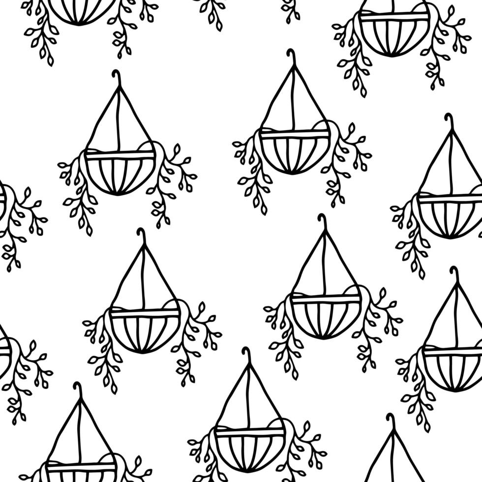sömlösa mönster av krukväxter i hängande krukor. vektor illustration, doodle. ritad för hand.