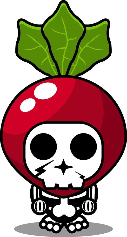 Vektor Zeichentrickfigur Maskottchen Kostüm menschlicher Schädel Gemüse Rettich süß