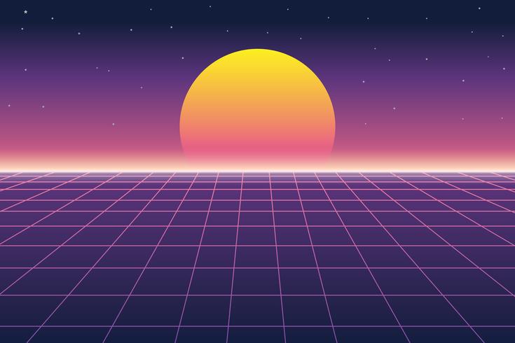 Vektor illustration av sol och digitala landskap i retro futuristisk bakgrund 1980-talet stil