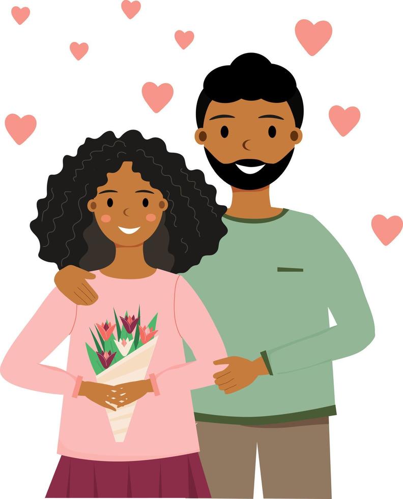 glückliches afrikanisch-amerikanisches Liebespaar. junge afrikanische frau mit blumen steht neben jungem mann. Mann umarmt Frau. romantische Datierung. fröhlichen Valentinstag. vektorillustration im flachen stil. vektor