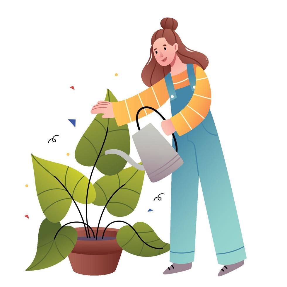 Ein Mädchen im Jeansoverall gießt Blumen. das konzept der pflanzen im haus. vektor