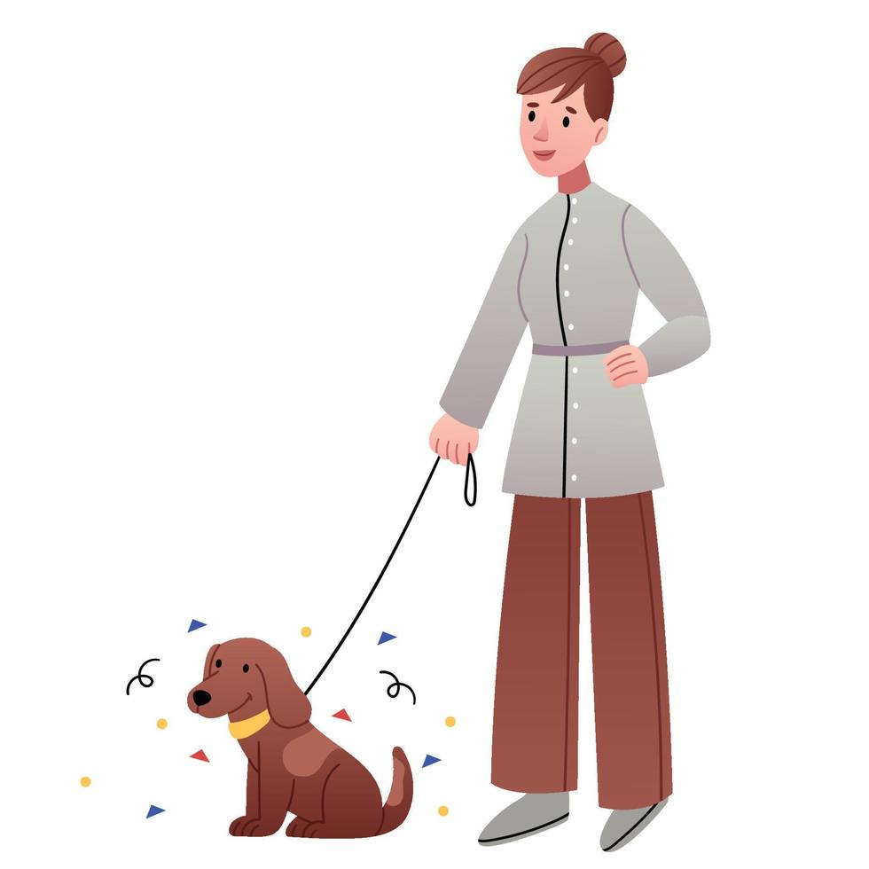 en flicka i en modern kimono går ut med en hund. platt illustration. vektor