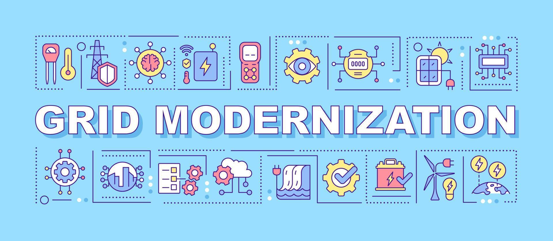 rutnät modernisering ordet begrepp blå banner. kraftsystem. infographics med linjära ikoner på bakgrunden. isolerad typografi. vektor färg illustration med text. arial-svart teckensnitt används