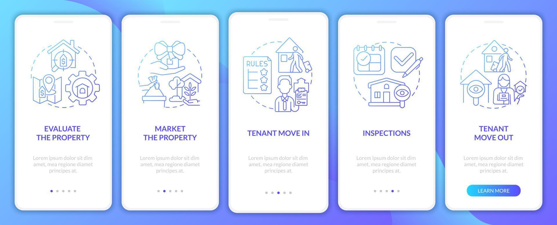 immobilienbetrieb blauer farbverlauf beim onboarding des mobilen app-bildschirms. Realty Walkthrough 5 Schritte grafische Anleitungsseiten mit linearen Konzepten. ui, ux, gui-Vorlage. Unzählige pro-fette, normale Schriftarten werden verwendet vektor