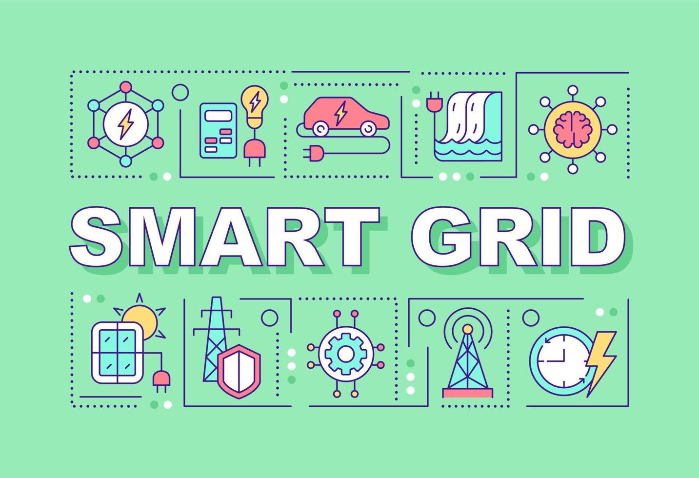 Smart-Grid-Wortkonzepte grünes Banner. Energietechnik. Infografiken mit linearen Symbolen im Hintergrund. isolierte Typografie. Vektorfarbillustration mit Text. arial-schwarze Schriftart verwendet vektor