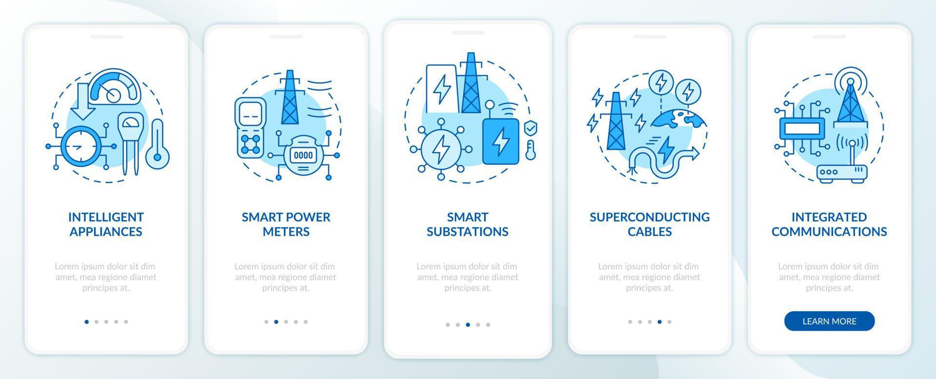 Smart-Grid-Komponenten blauer Onboarding-Bildschirm für mobile Apps. Power Technology Walkthrough 5 Schritte grafische Anleitungsseiten mit linearen Konzepten. ui, ux, gui-Vorlage. Unzählige pro-fette, normale Schriftarten werden verwendet vektor