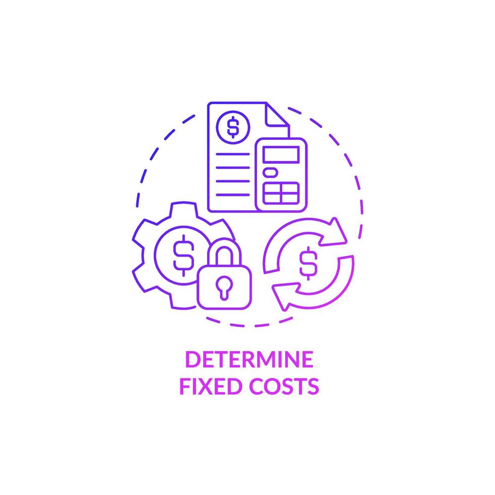 bestämma fasta kostnader lila gradient koncept ikon. finansiell plan. start budgetering abstrakt idé tunn linje illustration. isolerade konturritning. roboto-medium, otaliga pro-bold typsnitt som används vektor