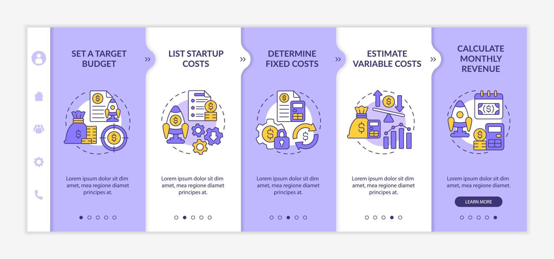 Startup-Budgetierung lila und weiße Onboarding-Vorlage. Geschäftsplan. Responsive mobile Website mit linearen Konzeptsymbolen. Webseiten-Komplettlösung 5-Schritt-Bildschirme. lato-fett, normale Schriftarten verwendet vektor