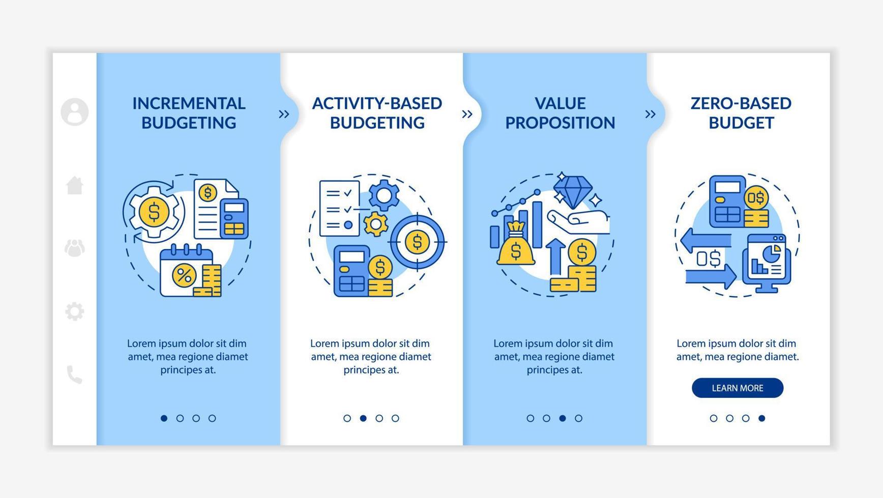 Budgetierungstypen blaue und weiße Onboarding-Vorlage. verschiedene Ansätze. Responsive mobile Website mit linearen Konzeptsymbolen. Webseiten-Komplettlösung 4-Schritt-Bildschirme. lato-fett, normale Schriftarten verwendet vektor