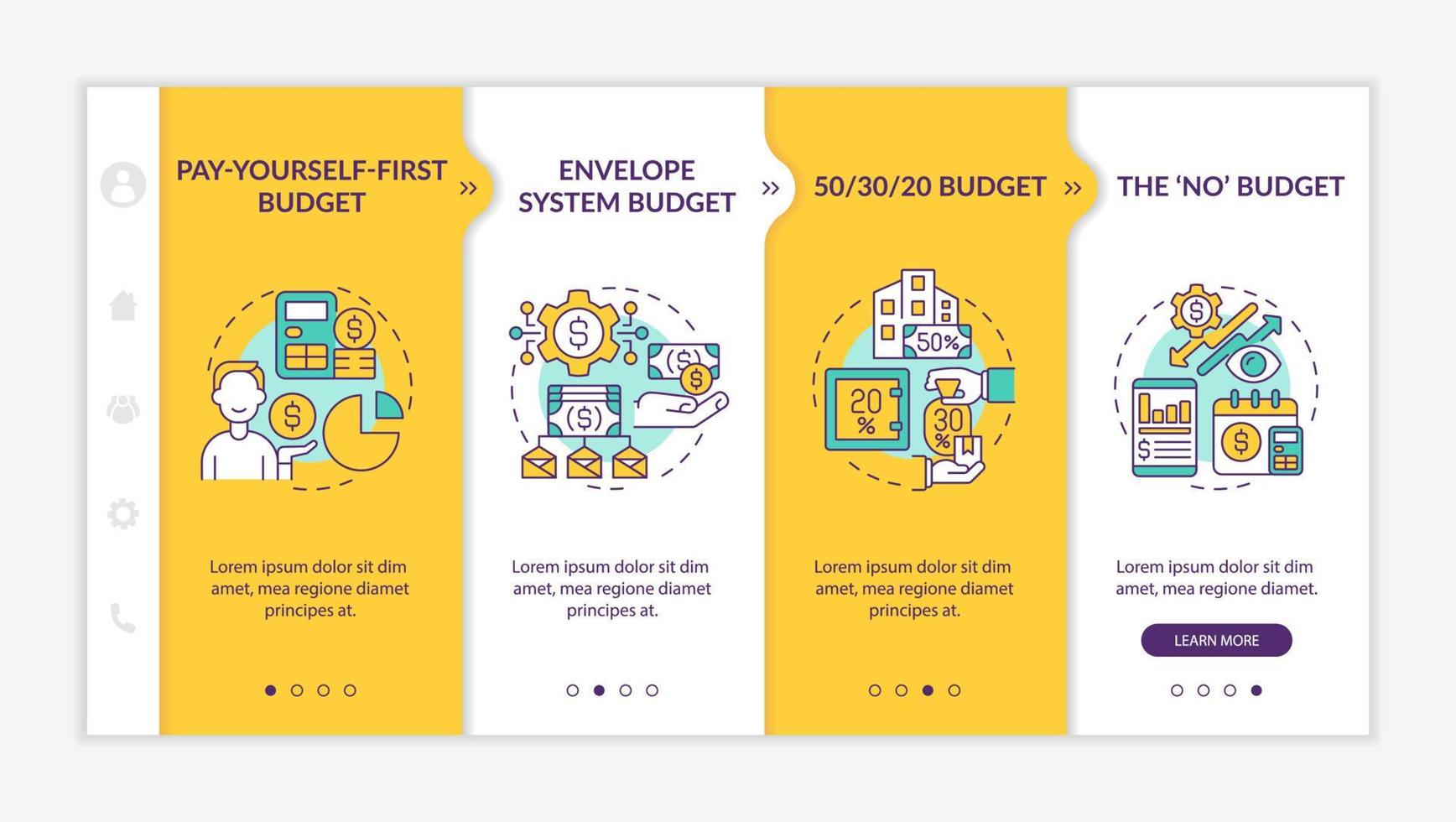 Budget nähert sich der gelben Onboarding-Vorlage. finanzielle Planung. Responsive mobile Website mit linearen Konzeptsymbolen. Webseiten-Komplettlösung 4-Schritt-Bildschirme. lato-fett, normale Schriftarten verwendet vektor