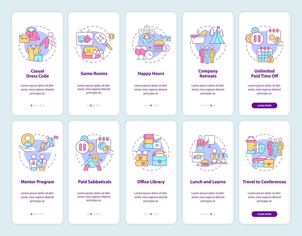 mitarbeitervergünstigungen beim onboarding der mobilen app-seiten-bildschirmgruppe vektor