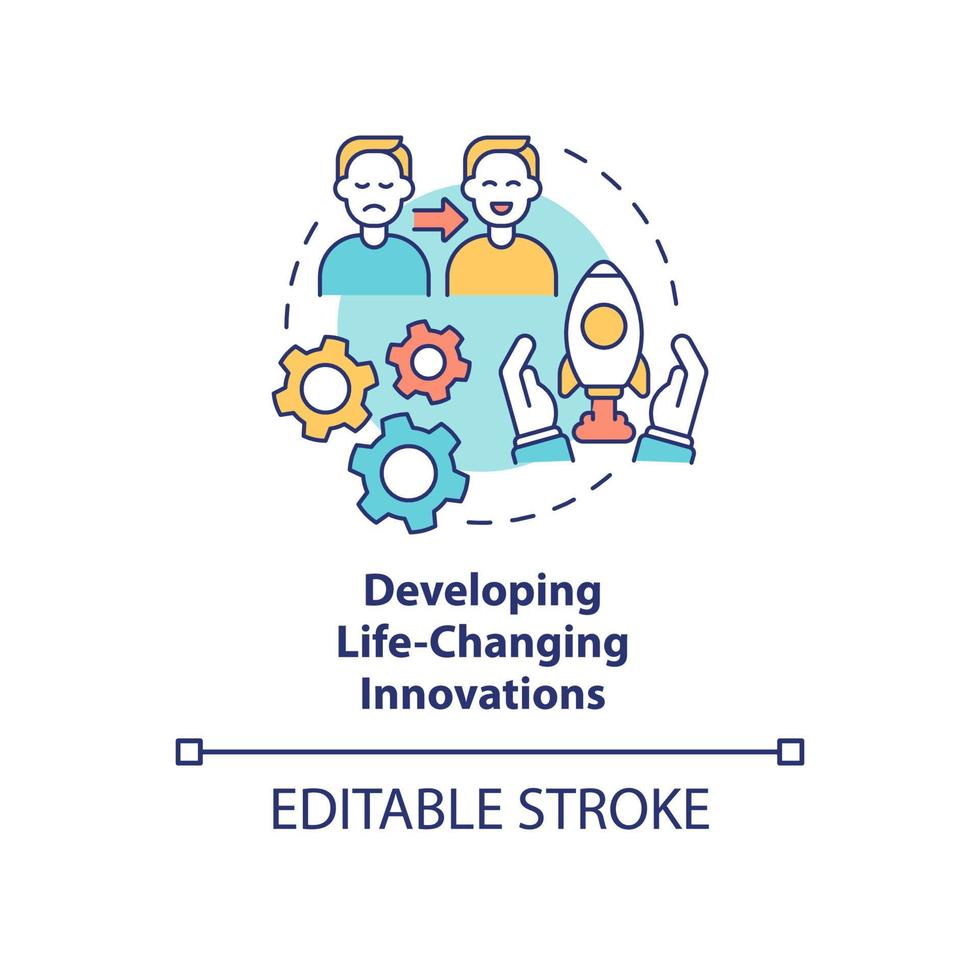 Symbol für das Konzept der Entwicklung lebensverändernder Innovationen. lebensrettende Technik. erfindung mit sozialem wert abstrakte idee dünne linienillustration. Vektor isolierte Umrissfarbe Zeichnung. editierbarer Strich