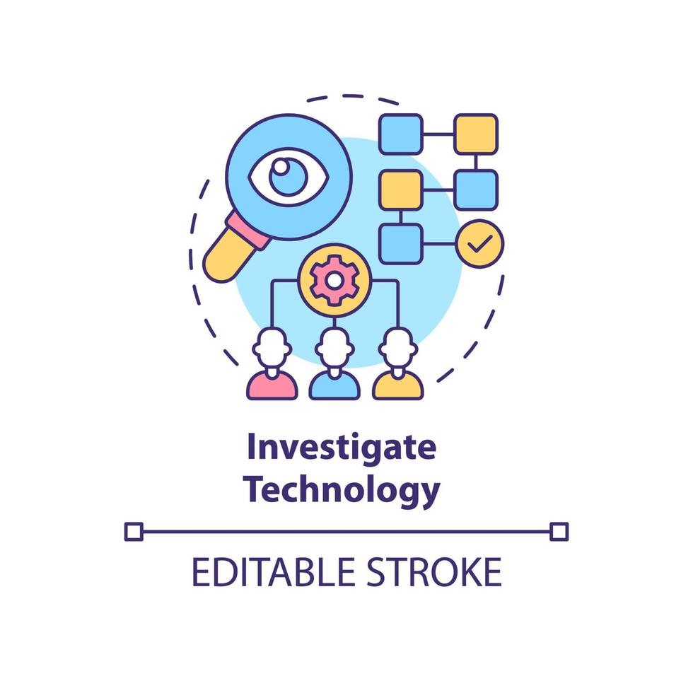 undersöka teknik koncept ikon. identifiera och undersöka problem. nya lösningar implementering abstrakt idé tunn linje illustration. vektor isolerade kontur färgritning. redigerbar linje