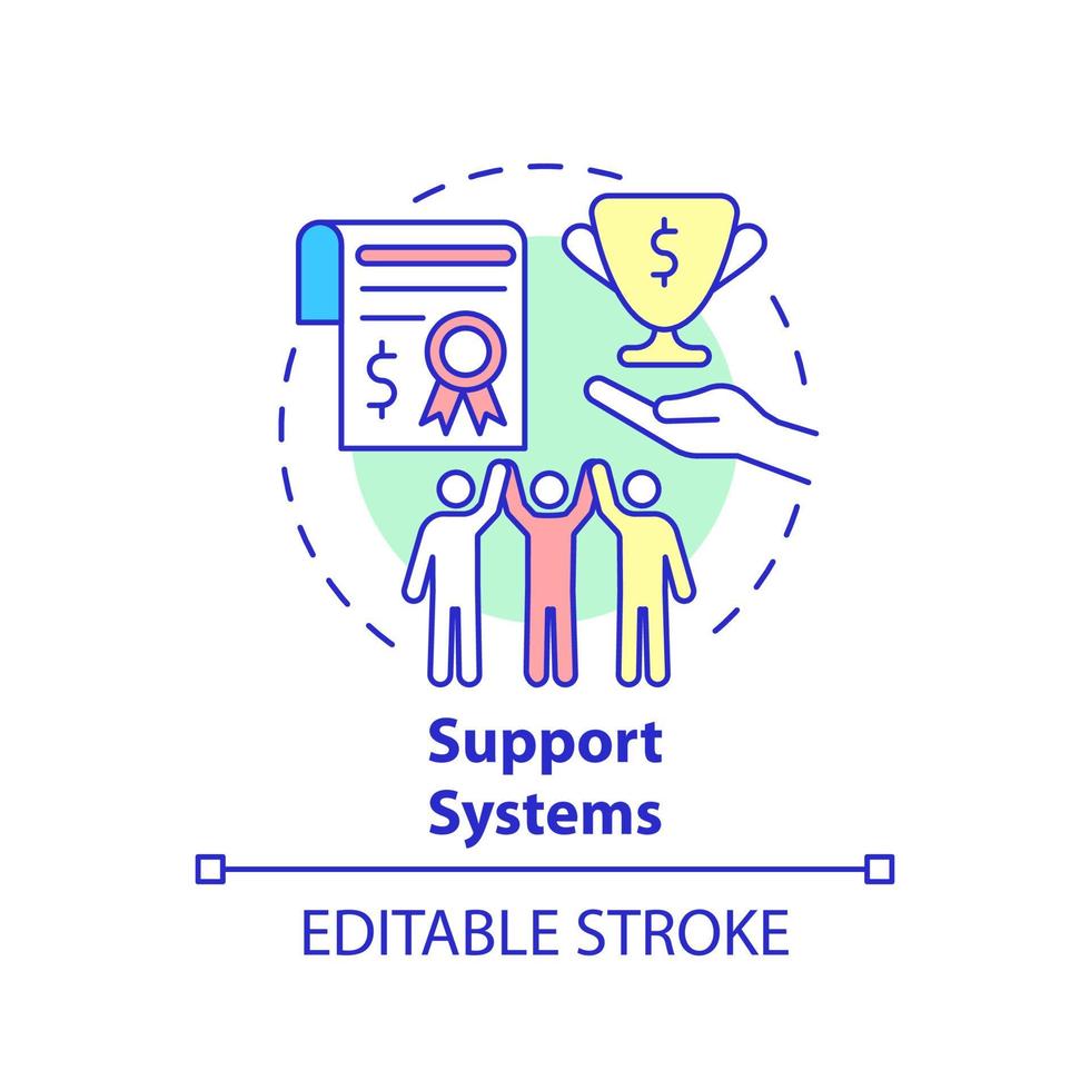 Symbol für das Konzept der Unterstützungssysteme. Social Entrepreneurship abstrakte Idee dünne Linie Illustration. bauen Sie geschäftliche Glaubwürdigkeit auf. Investoren anziehen. Vektor isolierte Umrissfarbe Zeichnung. editierbarer Strich