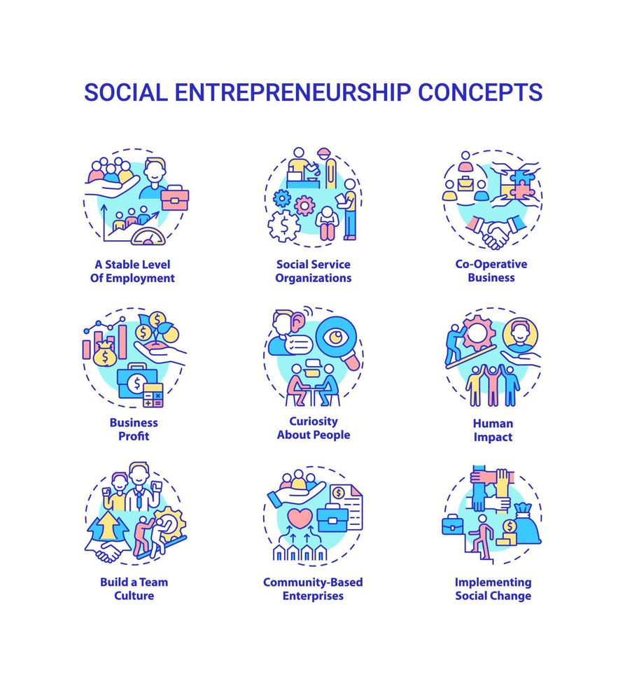 socialt entreprenörskap koncept ikoner set. sociala organisationer idé tunn linje färgillustrationer. affärsutveckling. välgörenhet och stöd. vektor isolerade konturritningar. redigerbar linje