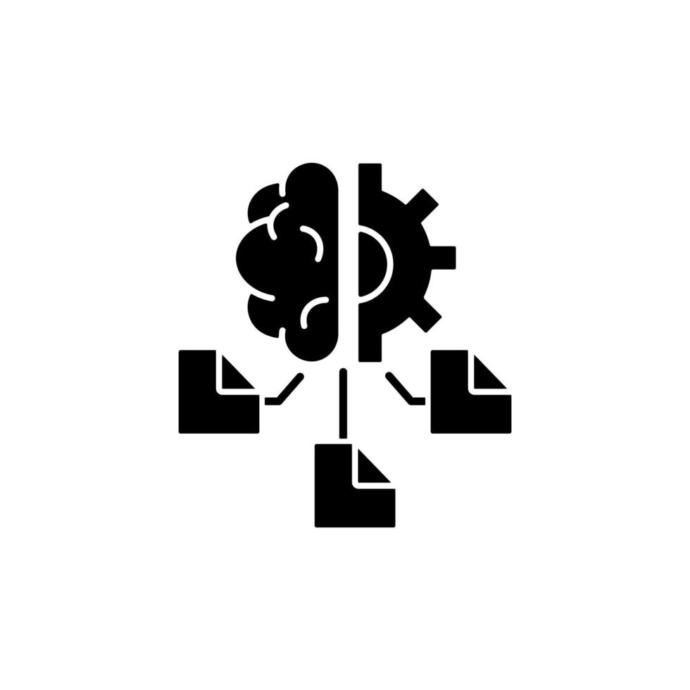 schwarzes Glyphen-Symbol für maschinelles Lernen. Computeralgorithmen. anwendung der künstlichen intelligenz. Datenmodellierung. minimale menschliche Überwachung. Schattenbildsymbol auf Leerraum. vektor isolierte illustration