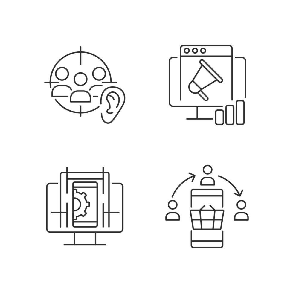 Erlangung digitaler Kenntnisse lineare Symbole gesetzt. aktives Zuhören. Informationen online recherchieren. ux-Design. anpassbare dünne Linienkontursymbole. isolierte vektorumrissillustrationen. editierbarer Strich vektor