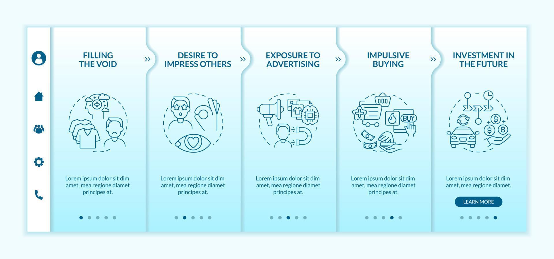 skäl för konsumentism blå gradient onboarding vektor mall. responsiv mobilwebbplats med ikoner. webbsida genomgång 5 steg skärmar. önskan att köpa färgkoncept med linjära illustrationer