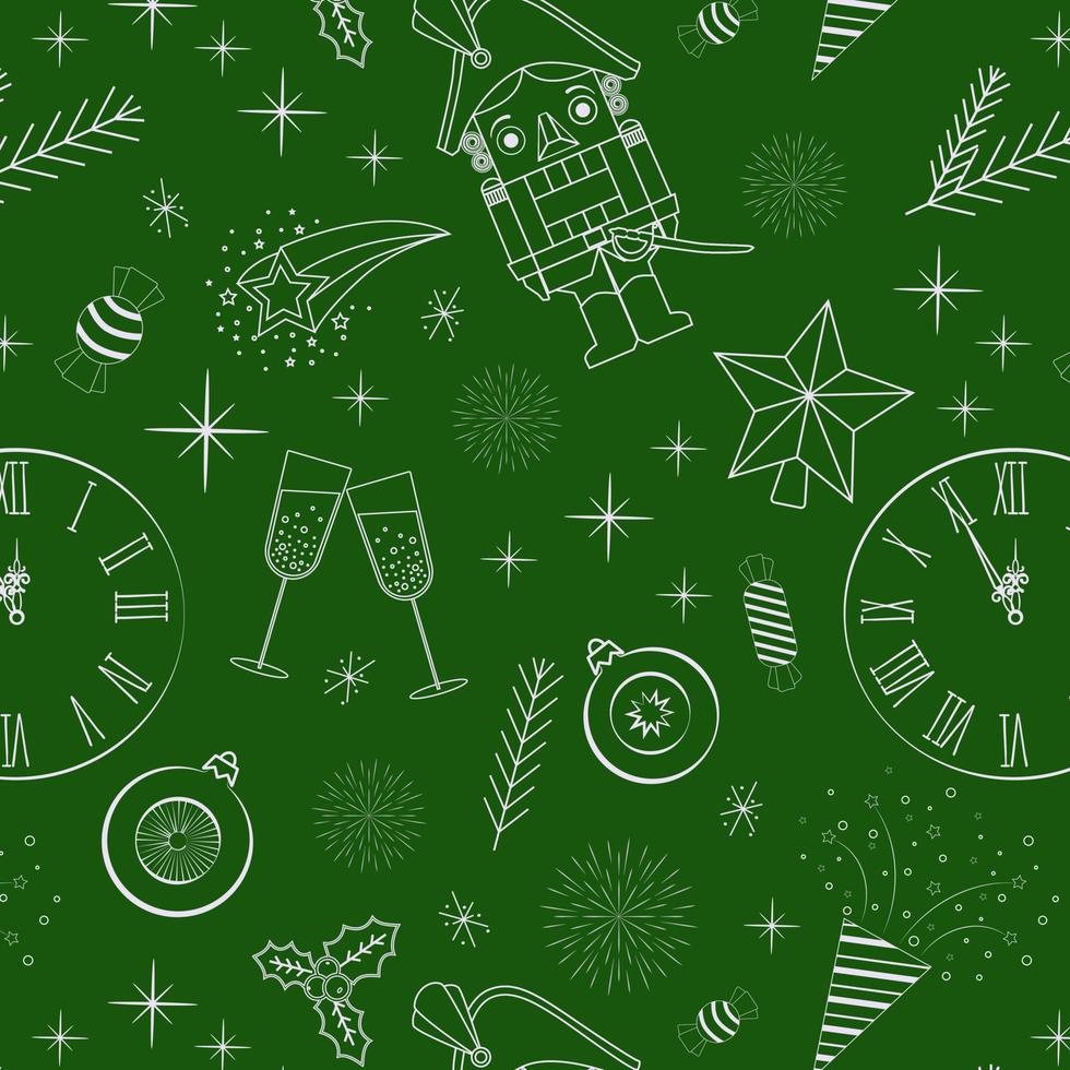 Nahtloses Muster auf grünem Hintergrund Nussknacker, Uhr, Champagner, weißer Umriss, Weihnachtsspielzeug, Feuerwerkskörper vektor