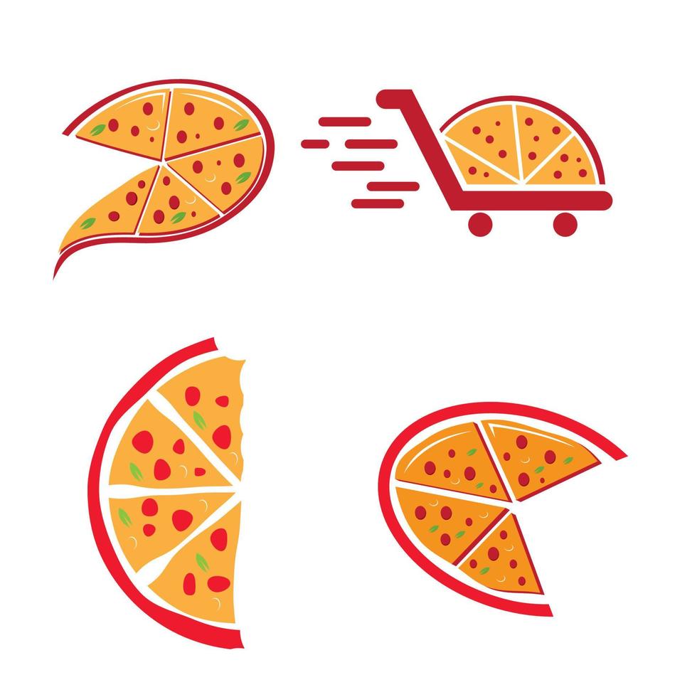 bunte Lebensmittelpizza mit Trolley-Set-Logo-Design-Vektor vektor