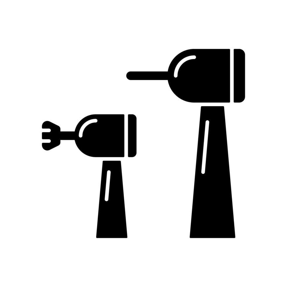 schwarzes Glyphen-Symbol für kosmetische Zahnheilkunde. Zahnbohrer. Polierbürste. Aufhellung der Zähne. verfallenen Zahnschmelz reinigen. mechanische Instrumente. Schattenbildsymbol auf Leerraum. vektor isolierte illustration