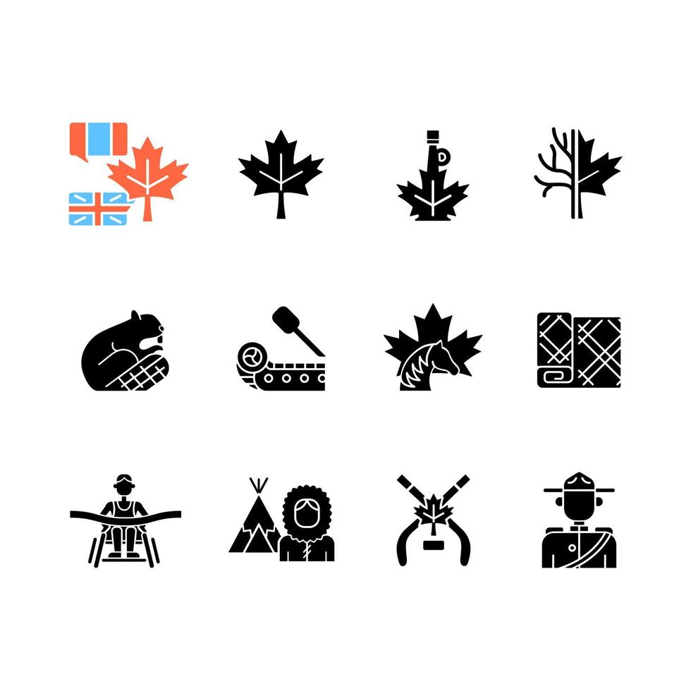 kanadische symbole schwarze glyphensymbole auf weißem raum gesetzt. offizielles kanadisches emblem. nordamerikanischer Biber. Eishockey. Ahornblatt-Tartan. Silhouettensymbole. vektor isolierte illustration