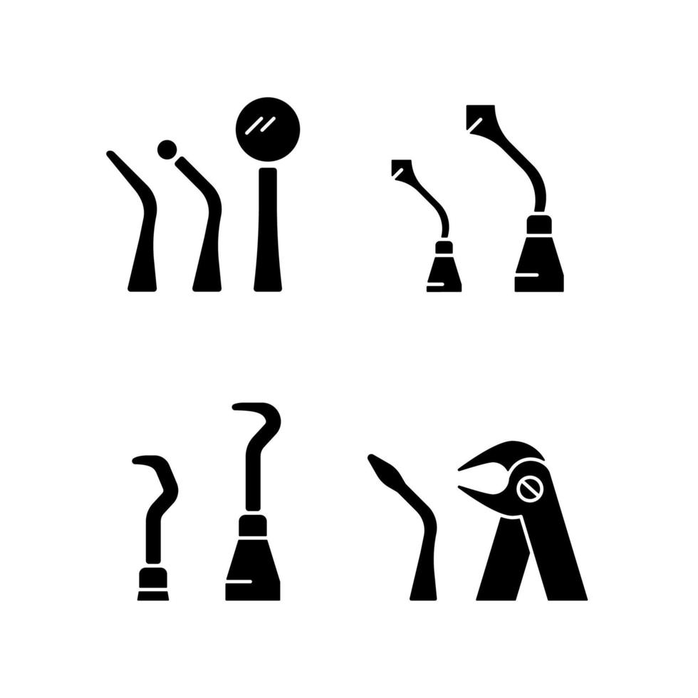 Zähne reparieren Behandlung schwarze Glyphen-Symbole auf weißem Raum. parodontales Verfahren. Untersuchung der Mundhöhle des Patienten. Zahnextraktionsinstrumente. Silhouettensymbole. vektor isolierte illustration