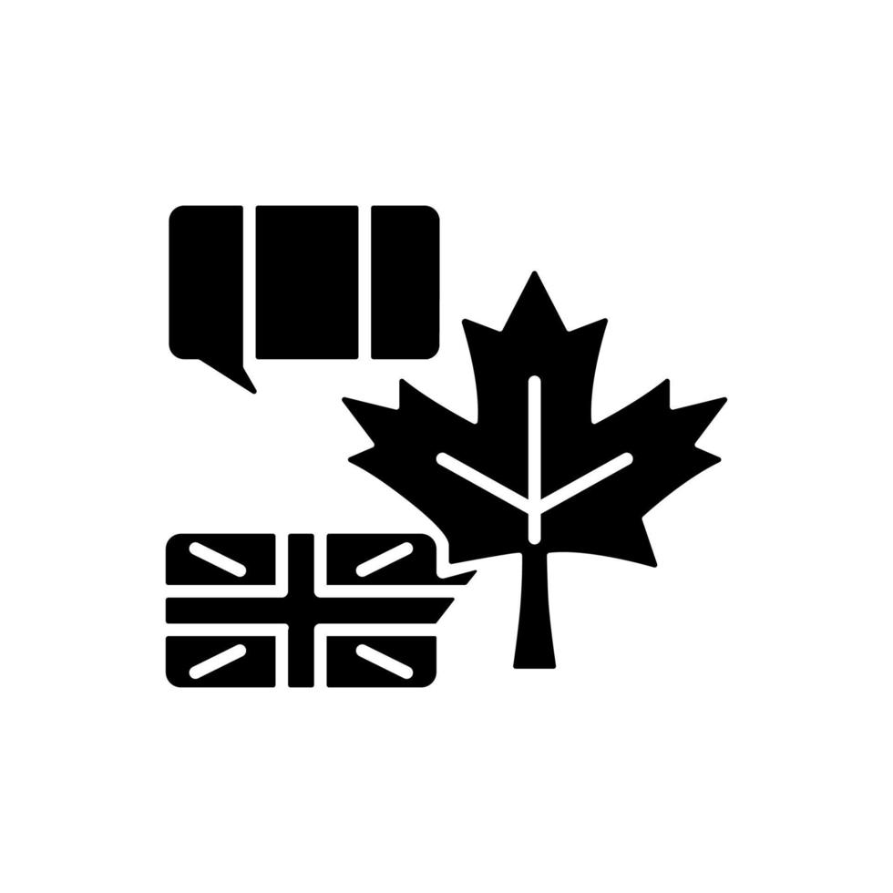 tvåspråkigt land svart glyfikon. fransk- och engelsktalande befolkning. två officiella språk i Kanada. språklig dualitet. siluett symbol på vitt utrymme. vektor isolerade illustration