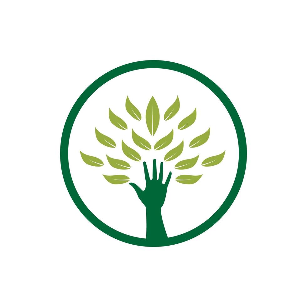 kreis hand hoch mit blattbaum-logo-design vektor