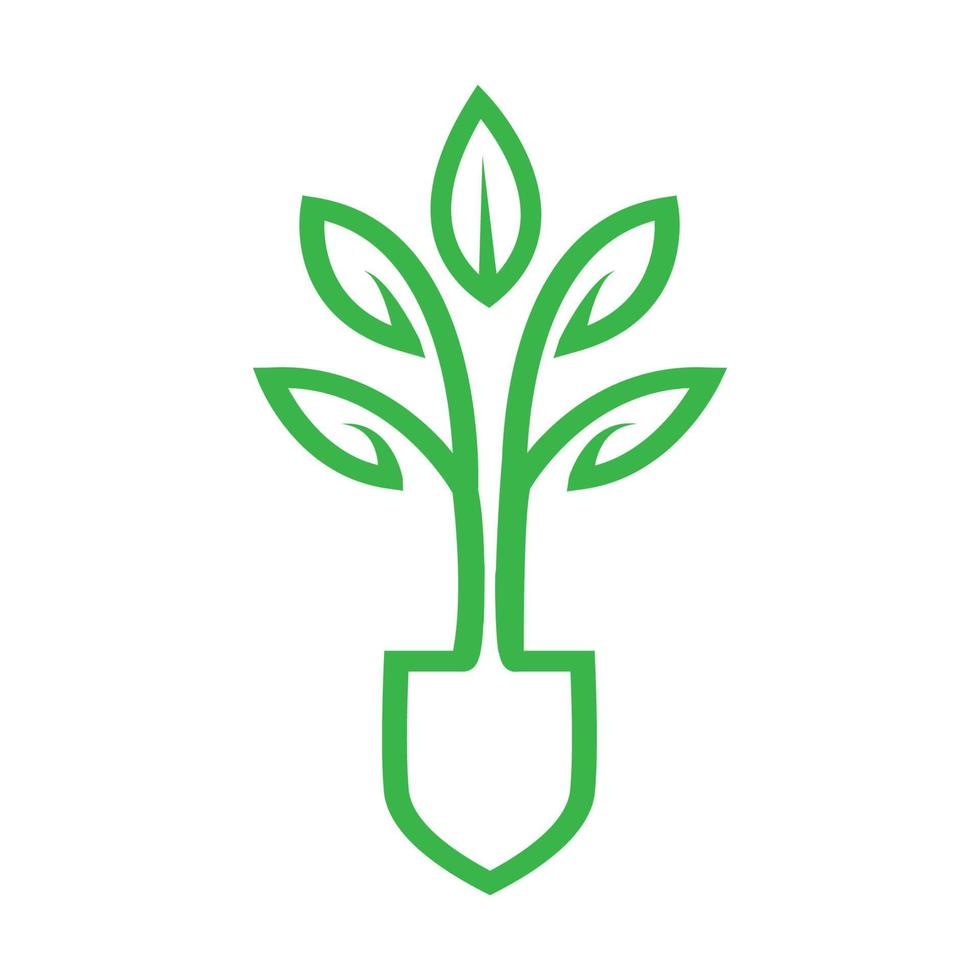 Schaufel und Pflanze Blatt Blumengarten Linie Logo Design Landwirtschaft vektor