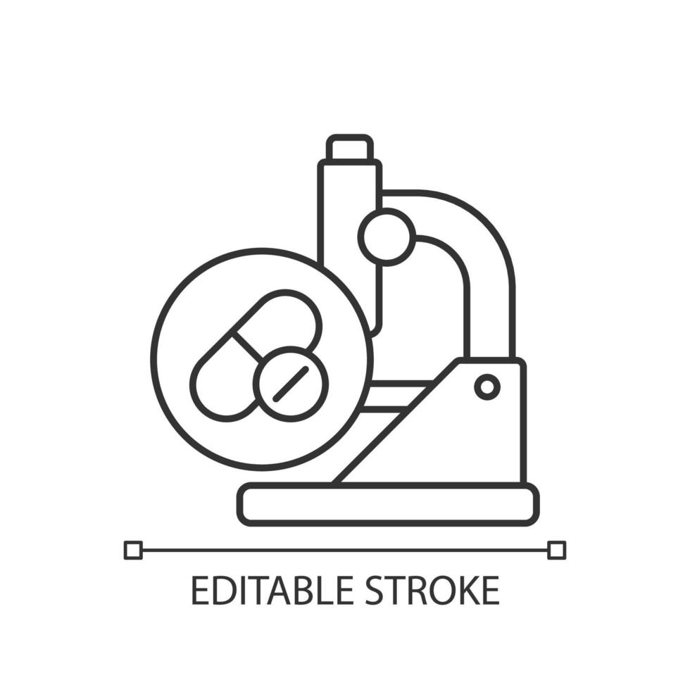 lineares Symbol zum Testen von Medikamenten. potenzielle Behandlungsentwicklung. neue Medikamente studieren. dünne linie anpassbare illustration. Kontursymbol. Vektor isoliert Umrisszeichnung. editierbarer Strich