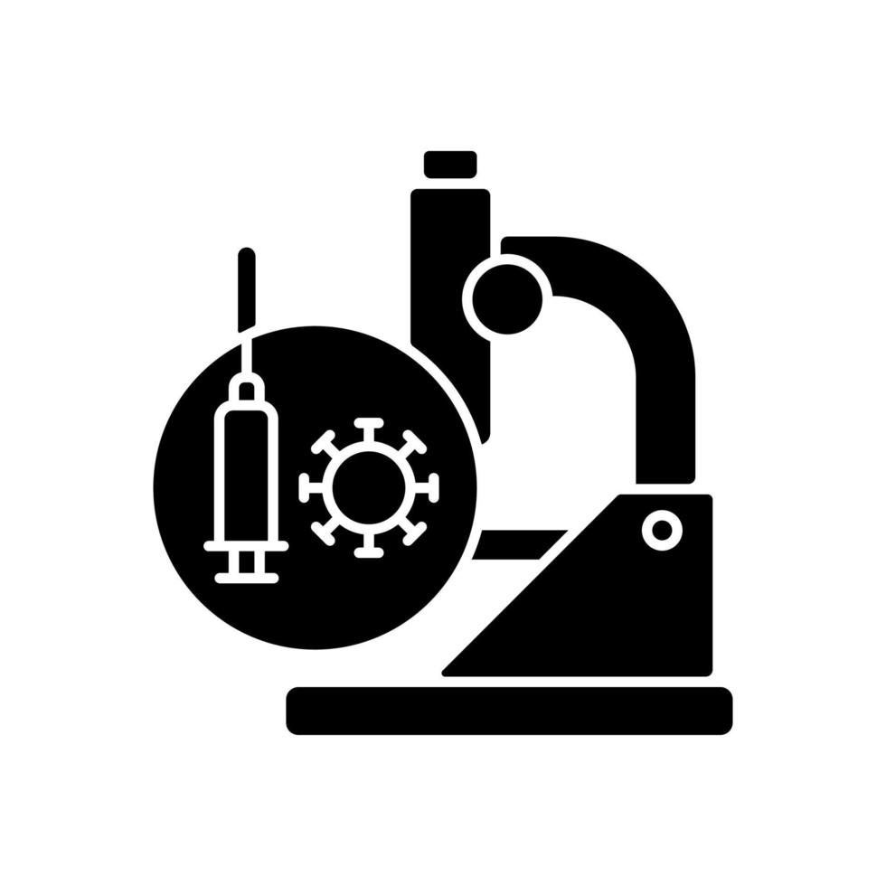 testa vacciner svart glyfikon. laboratorieforskning. framställa säkra och effektiva vacciner. klinisk utveckling. prekliniska prövningar. siluett symbol på vitt utrymme. vektor isolerade illustration