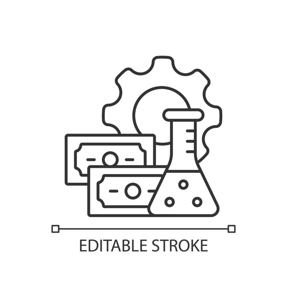 Investitionen in die lineare Ikone der Arzneimittelentwicklung. finanzielle Unterstützung. Finanzierung klinischer Studien. dünne linie anpassbare illustration. Kontursymbol. Vektor isoliert Umrisszeichnung. editierbarer Strich