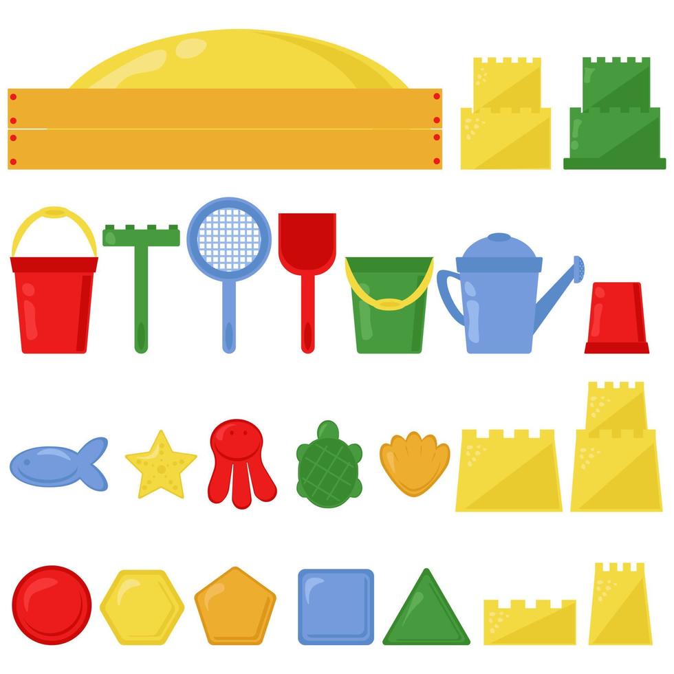 sandlåda och uppsättning av olika leksaker och verktyg för att leka med sand, ljusa tillbehör för barns lek i platt stil vektor