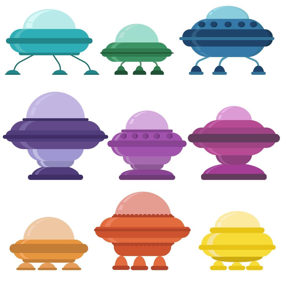 satz von ufo-schiffen, gekritzel-raumschiff in leuchtenden farben, verschiedenen formen und designs, niedlichen fliegenden untertassen vektor