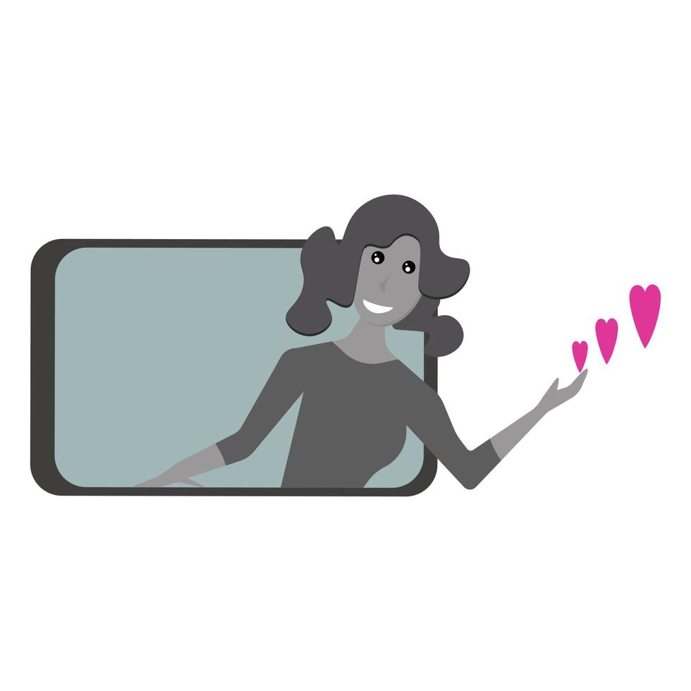 virtuelle Liebe, Mädchen im Tablet, Herzsymbol sendend, Vektorillustration im flachen Stil vektor