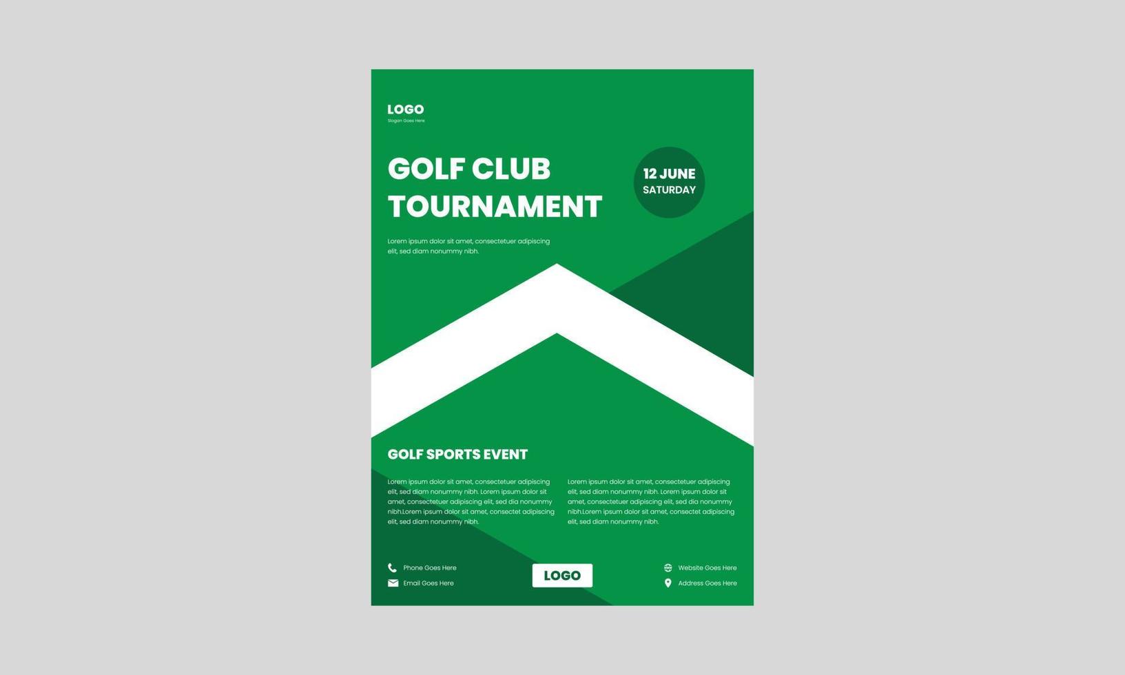 Flyer-Vorlage für Golfturniere. Flyerdesign für Golfsportveranstaltungen in grüner Farbe. vektor