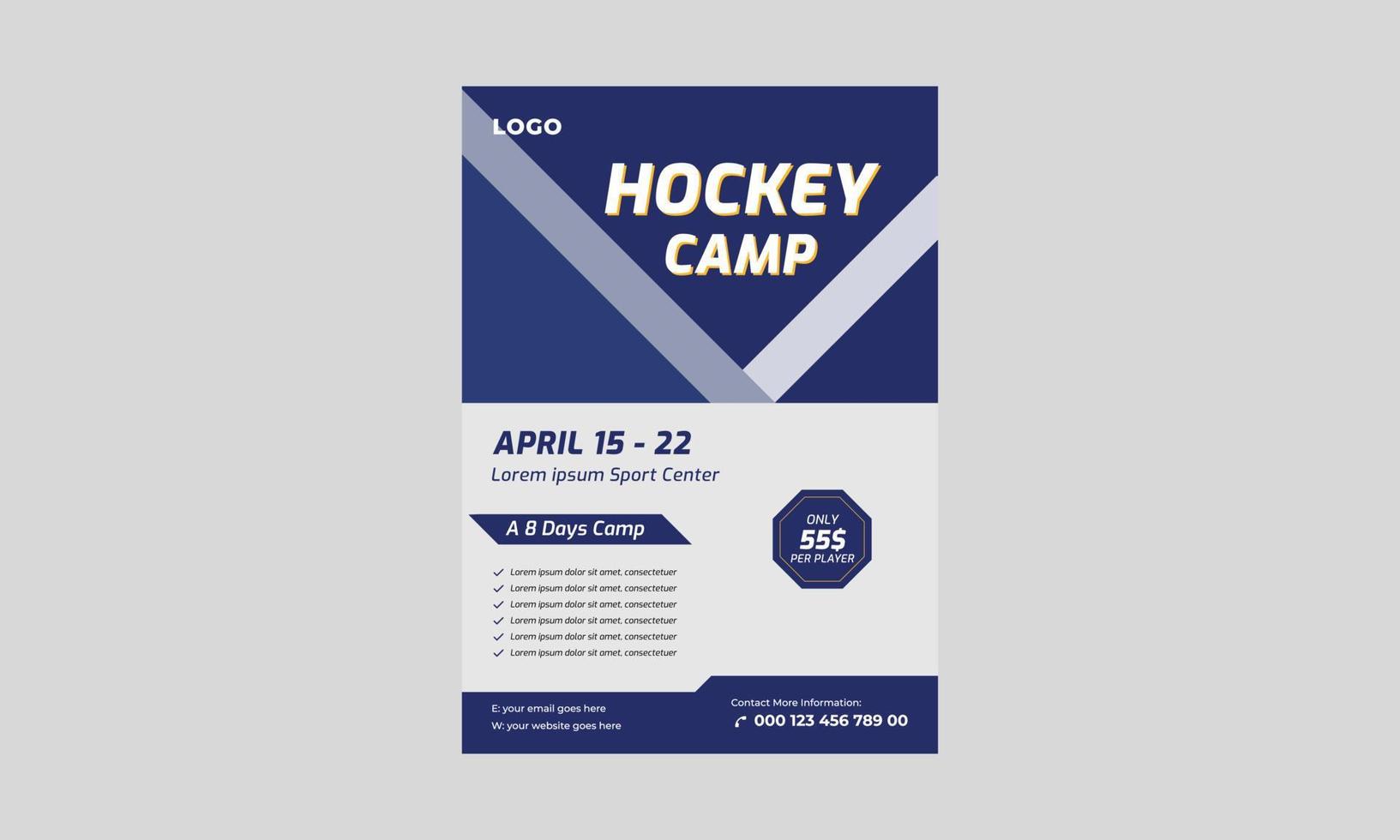 Hockey-Cam-Flyer Teamplate, Lacrosse-Flyer-Design, Sport-Hockey-Camp-Banner, Poster, Hockeyturniere und Camp-Poster. vektor